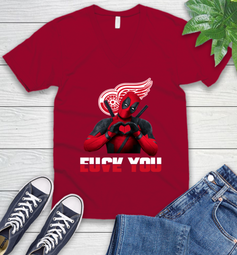 NHL Detroit Red Wings Deadpool Love You Fuck You Hockey Sports V-Neck T-Shirt 7