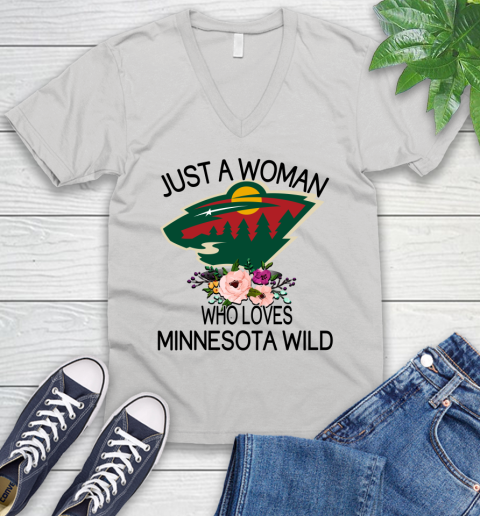 NHL Just A Woman Who Loves Minnesota Wild Hockey Sports V-Neck T-Shirt