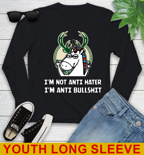 Milwaukee Bucks NBA Basketball Unicorn I'm Not Anti Hater I'm Anti Bullshit Youth Long Sleeve 2