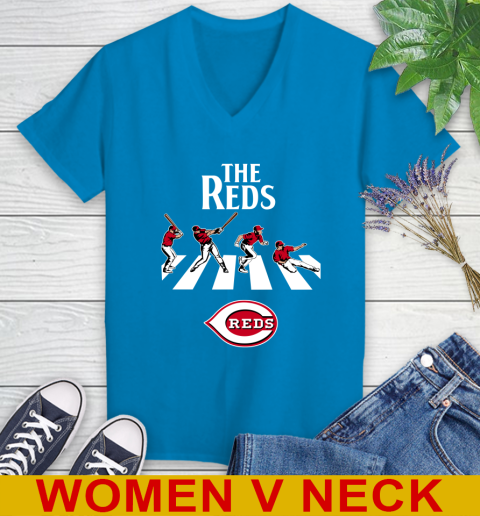 MLB Baseball Cincinnati Reds The Beatles Rock Band Shirt Women's V-Neck T-Shirt 7