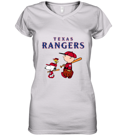 Texas Rangers Let's Play Baseball Together Snoopy MLB Women's V-Neck T-Shirt