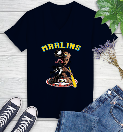 MLB Miami Marlins Baseball Venom Groot Guardians Of The Galaxy Women's V-Neck T-Shirt 3