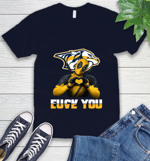 NHL Nashville Predators Deadpool Love You Fuck You Hockey Sports V-Neck T-Shirt 2