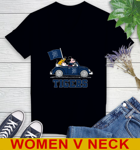 MLB Baseball Detroit Tigers Pluto Mickey Driving Disney Shirt Women's V-Neck T-Shirt 2