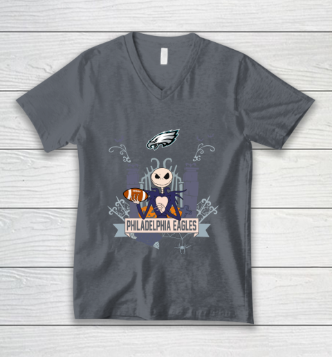 NFL Philadelphia Eagles Football Jack Skellington Halloween V-Neck T-Shirt 4