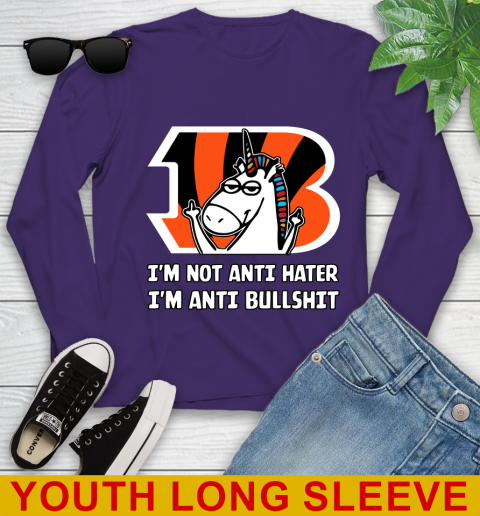 Cincinnati Bengals NFL Football Unicorn I'm Not Anti Hater I'm Anti Bullshit Youth Long Sleeve 5