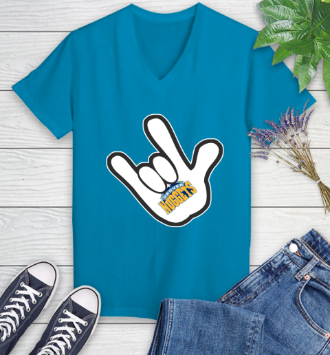 Denver Nuggets NBA Basketball Mickey Rock Hand Disney Women's V-Neck T-Shirt 7