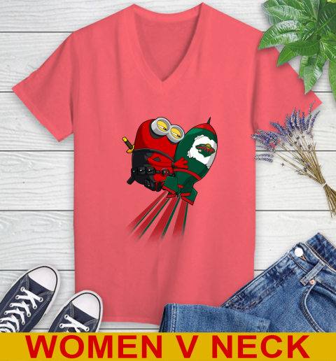 NHL Hockey Minnesota Wild Deadpool Minion Marvel Shirt Women's V-Neck T-Shirt 6
