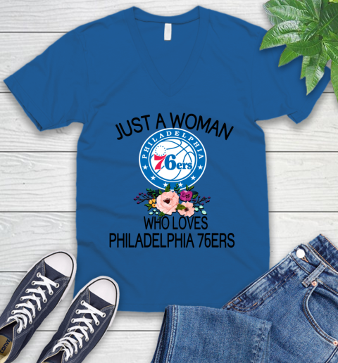NBA Just A Woman Who Loves Philadelphia 76ers Basketball Sports V-Neck T-Shirt 3