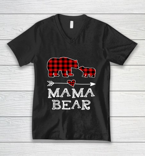 Mama Bear Christmas Pajama Red Plaid Buffalo V-Neck T-Shirt