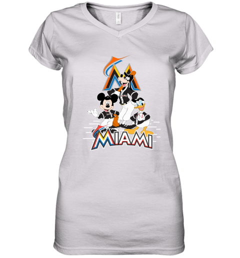 Miami Marlins Mickey Donald And Goofy Baseball Women's V-Neck T-Shirt
