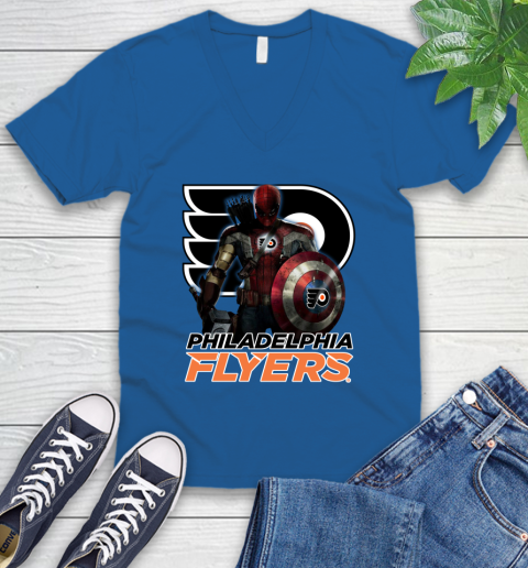 NHL Captain America Thor Spider Man Hawkeye Avengers Endgame Hockey Philadelphia Flyers V-Neck T-Shirt 6