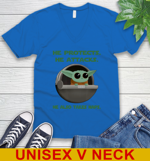He Protects He Attacks He Also Takes Naps Baby Yoda Star Wars Shirts V-Neck T-Shirt 3
