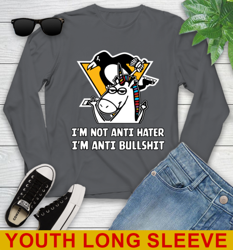 Pittsburgh Penguins NHL Hockey Unicorn I'm Not Anti Hater I'm Anti Bullshit Youth Long Sleeve 9