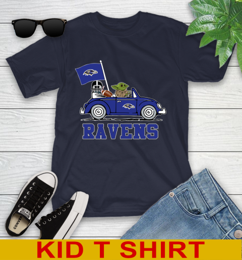 NFL Football Baltimore Ravens Darth Vader Baby Yoda Driving Star Wars Shirt Youth T-Shirt 3
