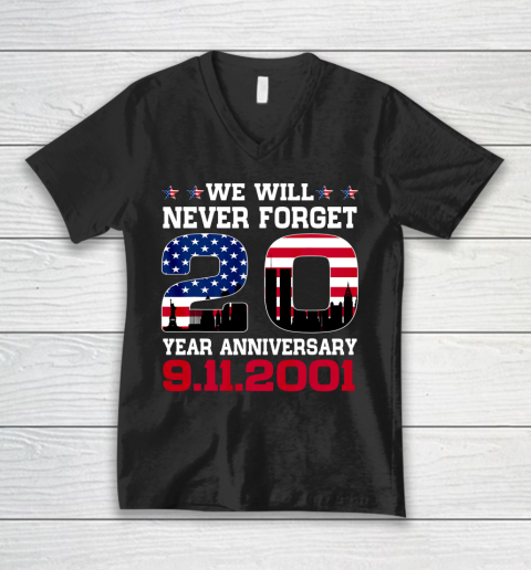 Never Forget 911 20th Anniversary Patriot Day USA Flag V-Neck T-Shirt