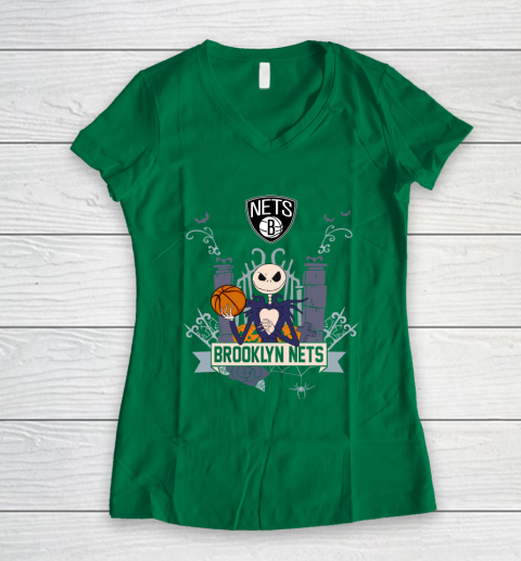 NBA Brooklyn Nets Basketball Jack Skellington Halloween Women's V-Neck T-Shirt 3