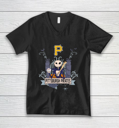 MLB Pittsburgh Pirates Baseball Jack Skellington Halloween V-Neck T-Shirt