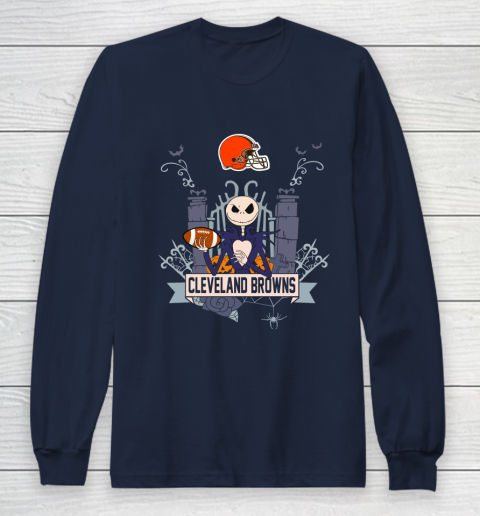 NFL Cleveland Browns Football Jack Skellington Halloween Long Sleeve T-Shirt 2