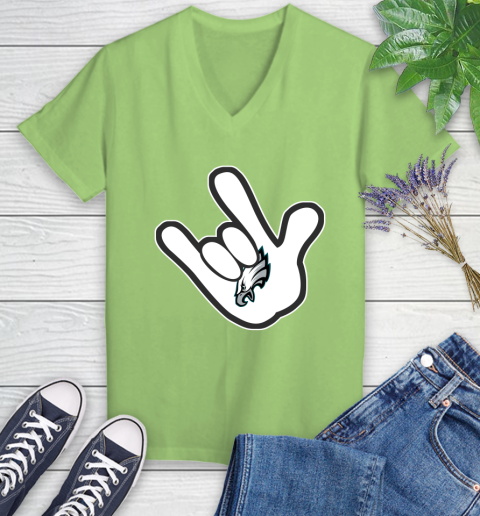 Philadelphia Eagles NFL Football Mickey Rock Hand Disney Women's V-Neck T-Shirt 11