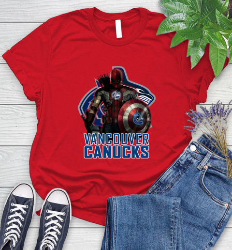 NHL Captain America Thor Spider Man Hawkeye Avengers Endgame Hockey Vancouver Canucks Women's T-Shirt 9