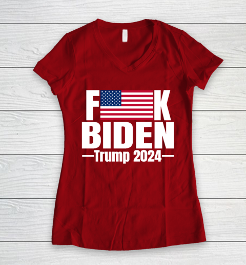 Fuck Biden American Flag Trump 2024 Women's V-Neck T-Shirt 8