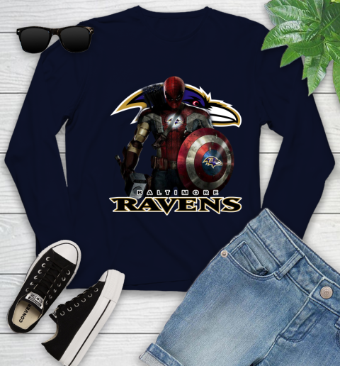 NFL Captain America Thor Spider Man Hawkeye Avengers Endgame Football Baltimore Ravens Youth Long Sleeve 3