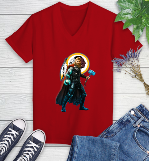 NFL Thor Avengers Endgame Football Washington Redskins Women's V-Neck T-Shirt 12