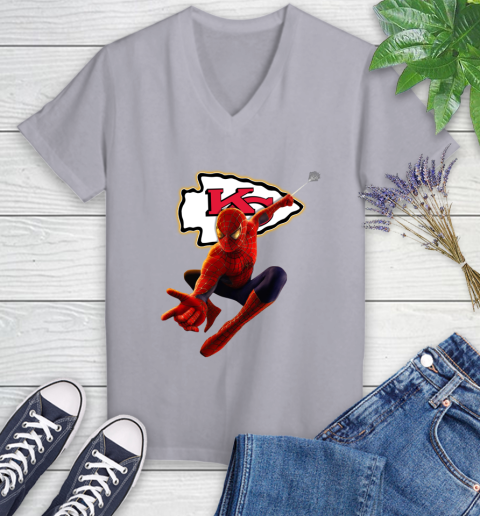 NFL Spider Man Avengers Endgame Football Kansas City Chiefs Women's V-Neck T-Shirt 4