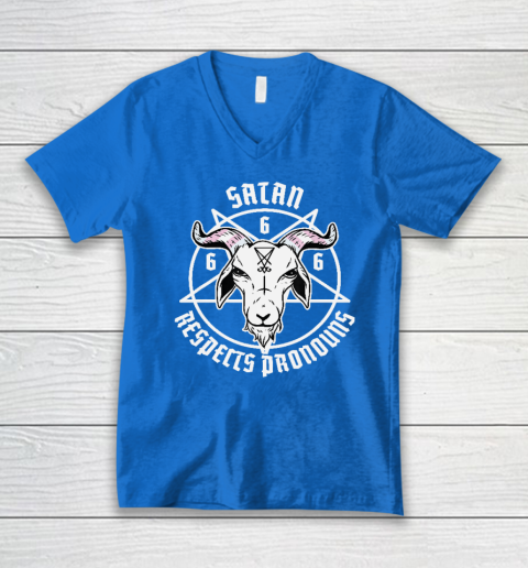 Satan Respects Pronouns Transgender Pentagram Trans Flag V-Neck T-Shirt 4