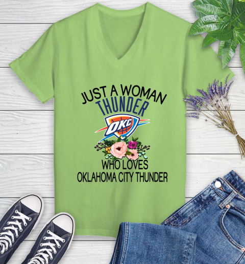 NBA Just A Woman Who Loves Oklahoma City Thunder Basketball Sports Women's V-Neck T-Shirt 6