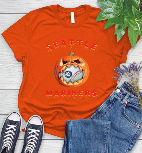 MLB Seattle Mariners Halloween Pumpkin Baseball Sports Women's T-Shirt 5 MLB Seattle Mariners Halloween Pumpkin Baseball Sports Women's T-Shirt - Image 5