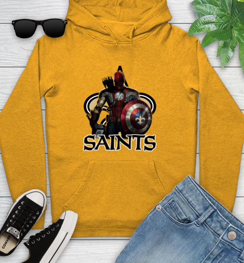 NFL Captain America Thor Spider Man Hawkeye Avengers Endgame Football New Orleans Saints Youth Hoodie 3