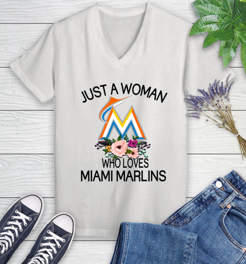MLB Just A Woman Who Loves Miami Marlins Baseball Sports Women's V-Neck T-Shirt
