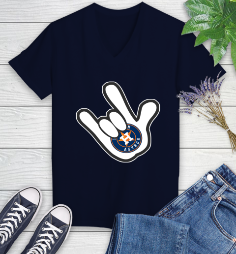 Houston Astros MLB Baseball Mickey Rock Hand Disney Women's V-Neck T-Shirt 3