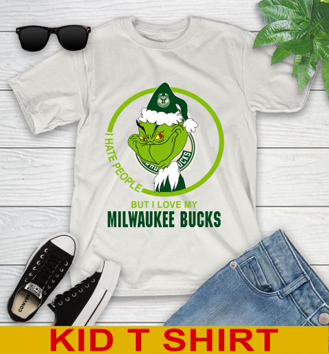 Milwaukee Bucks NBA Christmas Grinch I Hate People But I Love My Favorite Basketball Team Youth T-Shirt 12