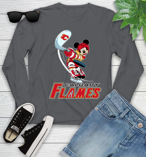 NHL Hockey Calgary Flames Cheerful Mickey Mouse Shirt Youth Long Sleeve 8