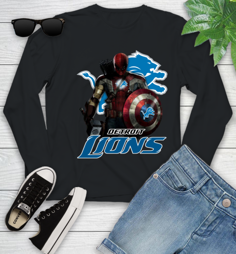 NFL Captain America Thor Spider Man Hawkeye Avengers Endgame Football Detroit Lions Youth Long Sleeve 2