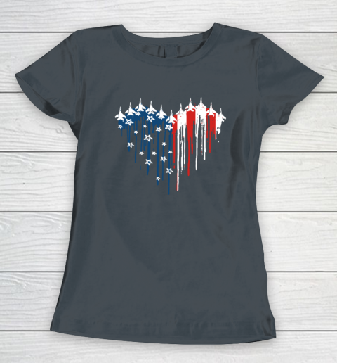 Retro Fighter Jet Airplane American Flag Heart 4th Of July Women's T-Shirt 3