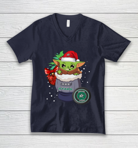 Dallas Stars Christmas Baby Yoda Star Wars Funny Happy NHL V-Neck T-Shirt 3