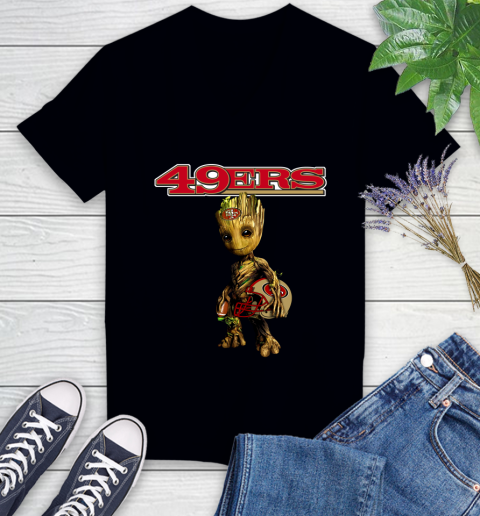 San Francisco 49ers NFL Football Groot Marvel Guardians Of The Galaxy Women's V-Neck T-Shirt 2