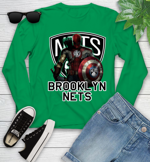 Brooklyn Nets NBA Basketball Captain America Thor Spider Man Hawkeye Avengers Youth Long Sleeve 6