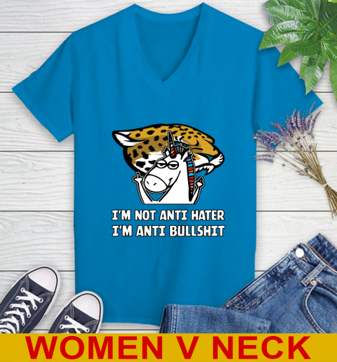 Jacksonville Jaguars NFL Football Unicorn I'm Not Anti Hater I'm Anti Bullshit Women's V-Neck T-Shirt 8