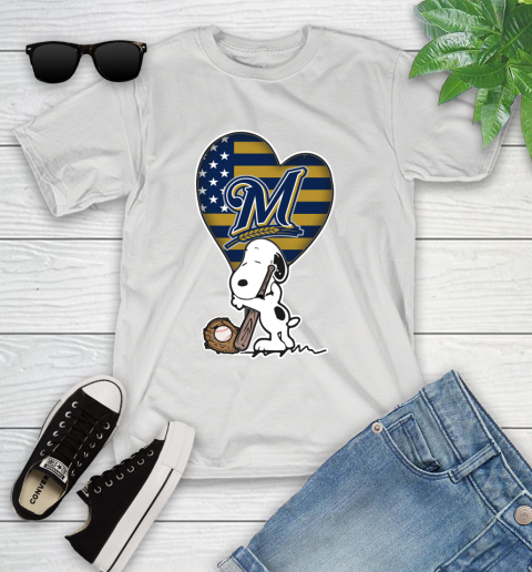 Milwaukee Brewers MLB Baseball The Peanuts Movie Adorable Snoopy (1) Youth T-Shirt