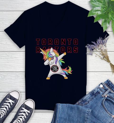 Toronto Raptors NBA Basketball Funny Unicorn Dabbing Sports Women's V-Neck T-Shirt 3