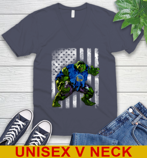 Golden State Warriors Hulk Marvel Avengers NBA Basketball American Flag V-Neck T-Shirt 7