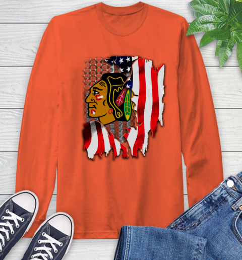 Chicago Blackhawks NHL Hockey American Flag Long Sleeve T-Shirt 4