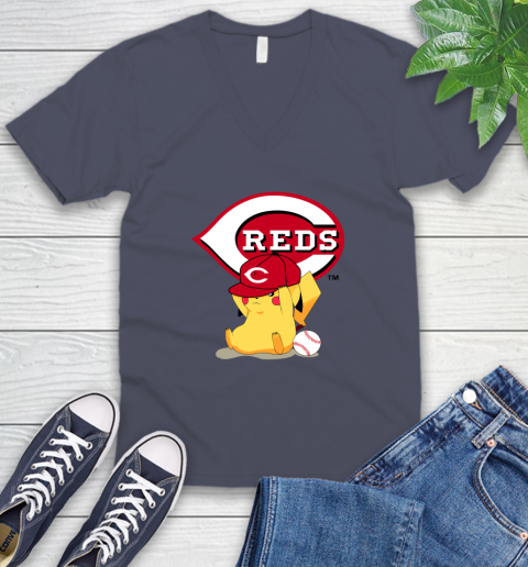 MLB Pikachu Baseball Sports Cincinnati Reds V-Neck T-Shirt 8