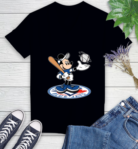 MLB Baseball Toronto Blue Jays Cheerful Mickey Disney Shirt Women's V-Neck T-Shirt