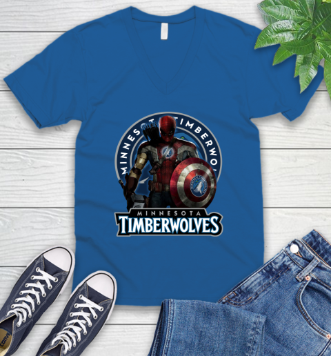 Minnesota Timberwolves NBA Basketball Captain America Thor Spider Man Hawkeye Avengers V-Neck T-Shirt 6